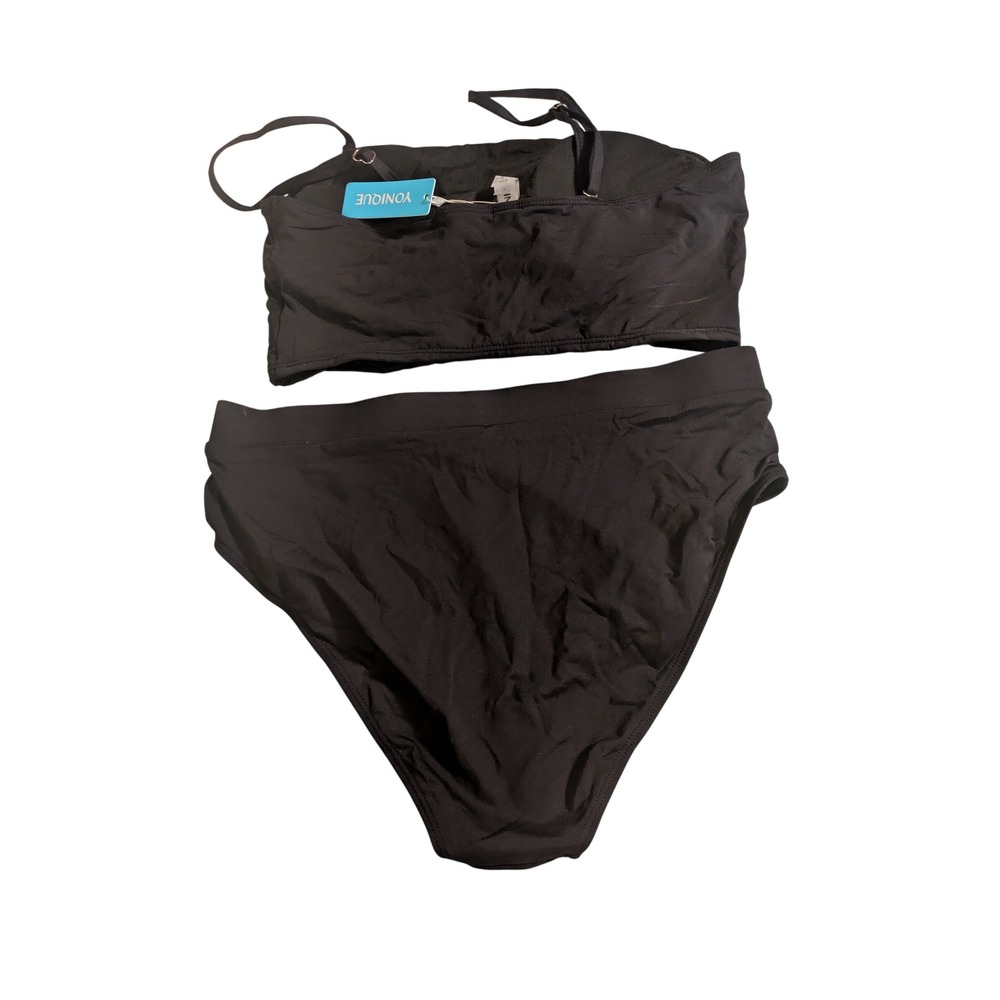 Yonique Womens High Waisted Bikini Set Bandeau Top Two Piece Swimsuit Blk L NEW - Picture 3 of 7